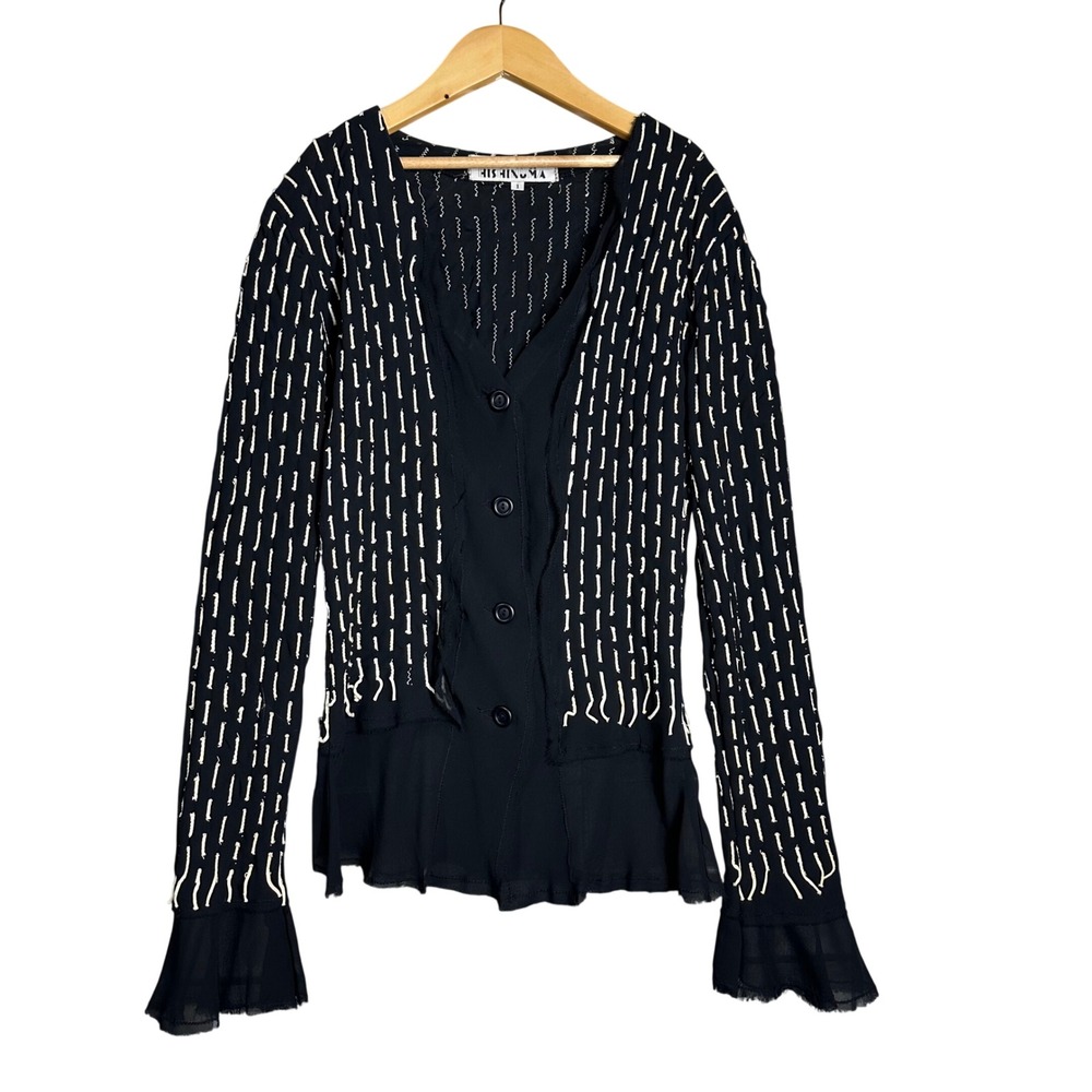 Yoshiki Hishinuma Womens Textured Cardigan Black White Avant Garde Chiffon Trim